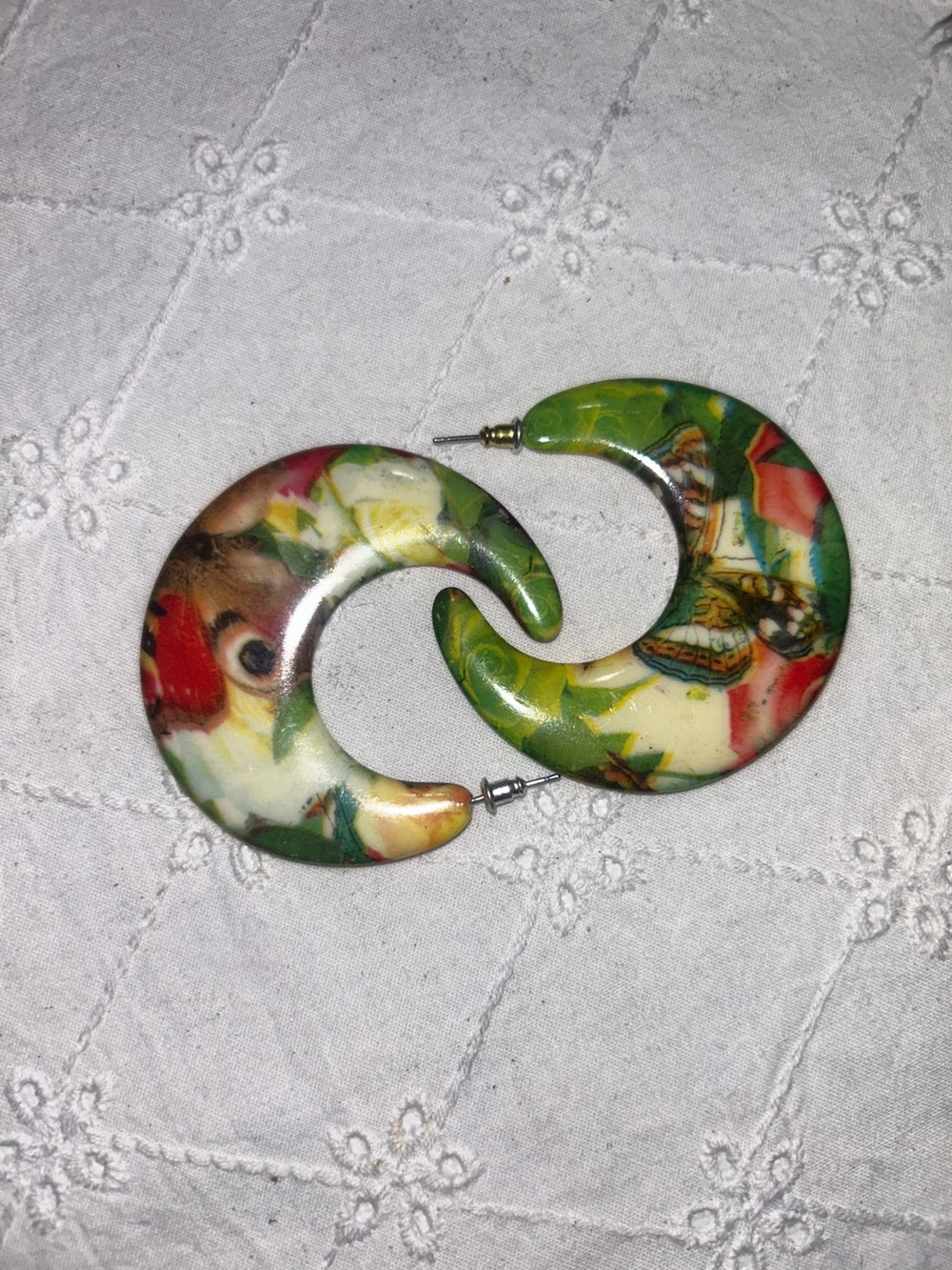 Colorful Floral Crescent Hoop Earrings